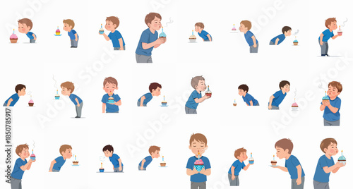 Collection of illustrations showing young boys blowing out birthday candles on colorful cupcakes, celebrating, making wishes, and enjoying dessert.