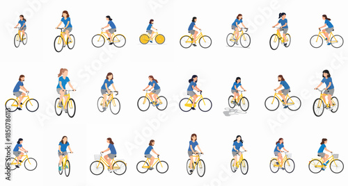 Collection of diverse female characters cycling on yellow bikes, illustrating activity, sport, transport, and healthy lifestyle.