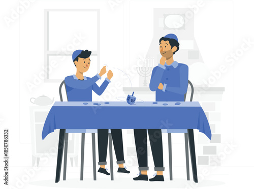 Two men playing dreidel at a table game Hanukkah de