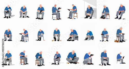 Vector illustration set featuring senior men performing detailed shoe polishing, cleaning, and maintenance routines while seated, depicting meticulous self-care.