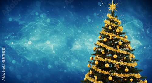 Christmas Tree In Shiny Night - Golden Glittering In Abstract Blue Background