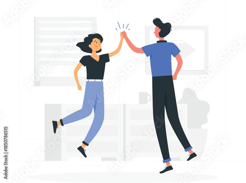 Two people fiving in an office setting five teamwork colleagues de