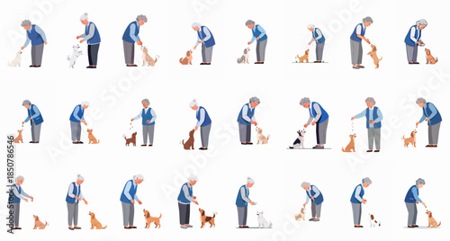 Senior women feeding, training, and caring for different dogs, illustrating pet ownership and companionship in old age.