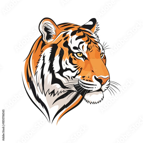 Close up illustration of a majestic tiger's head with striking orange and black stripes and piercing yellow eyes set against a dotted white background