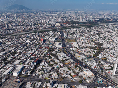 Aerial view of Monterrey city with highway and Cerro del Topo Chico