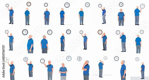 Vector collection of diverse elderly man poses interacting with clocks, depicting scheduling, routine, time management, and the passage of time.