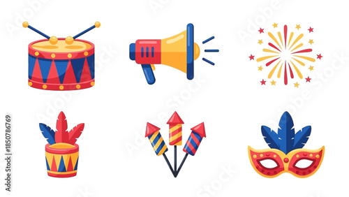 A collection of colorful carnival and celebration icons including a drum, megaphone, fireworks, feathered headdress, rockets, and a mask.