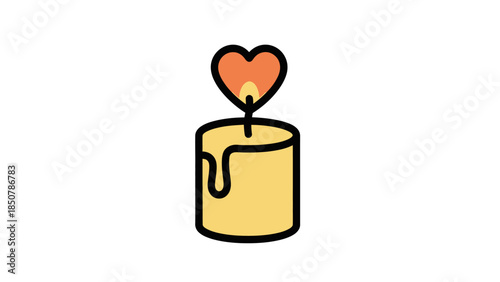 A cute cartoon illustration of a yellow candle with a heart-shaped flame and melted wax.