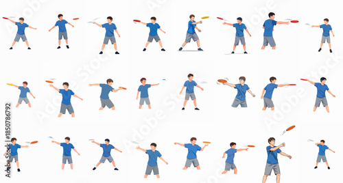 Sequence of ultimate frisbee player poses: throwing, catching, and action. Male athlete exercising outdoor sport with flying disc.