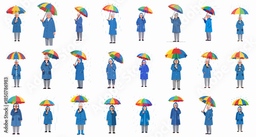 Large vector collection of senior women in blue raincoats holding colorful rainbow umbrellas while standing in the rain.