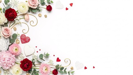 Floral border with roses, hearts and eucalyptus leaves