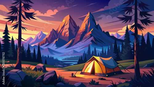 Very beautiful glowing tent at dusk in Grand Teton National Park, Wyoming, with towering mountains in the background, creating a peaceful camping scene under soft evening light.