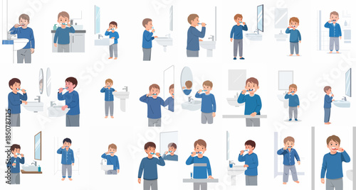Collection of illustrations showing a young boy in pajamas or casual wear standing at a sink and brushing his teeth in various morning and evening routine scenes.