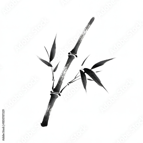 Minimalist ink wash painting of a bamboo stalk with leaves, rendered in a traditional East Asian art style