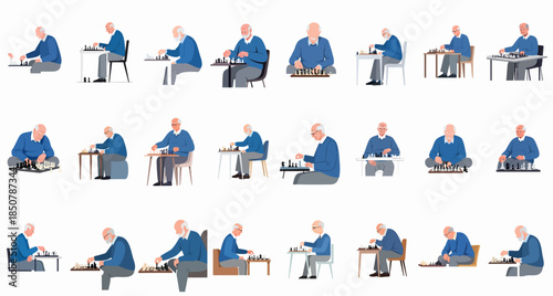 Vector illustration set of senior man playing chess in various poses, depicting mental activity and hobby.
