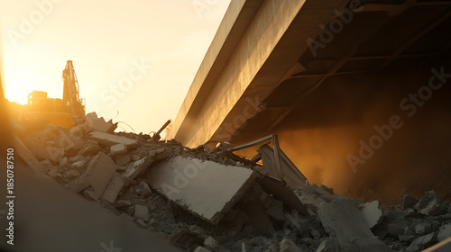 A construction vehicle tearing down debris under a bridge at sunset. The scene conveys demolition and urban change against the backdrop of a warm sunset.