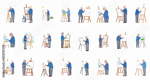 Set of vector illustrations depicting senior women enjoying painting, art, and creative hobbies during retirement, showing leisure activity.