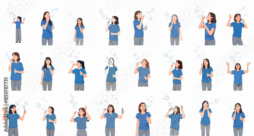 Collection of illustrations showing young women in blue shirts happily blowing iridescent soap bubbles, enjoying leisure time and childhood fun.