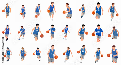 Set of vector illustrations featuring male basketball players in action poses, running and dribbling the ball, isolated on white background.