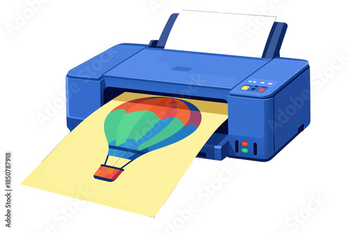 Blue printer printing colorful hot air balloon illustration
