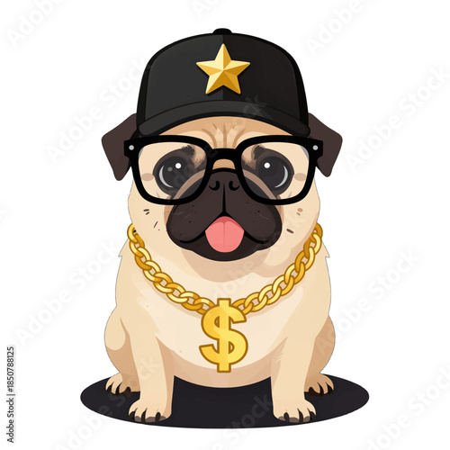 Cartoon Pug Wearing Glasses and Hip Hop Hat