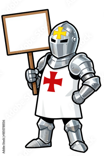 Cartoon knight in armor holding a blank sign
