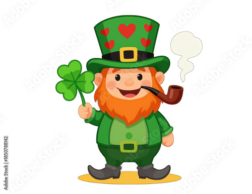 Cheerful leprechaun with pipe and clover isolated