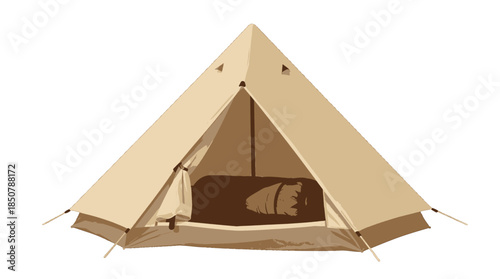 Classic beige camping tent with sleeping bag inside