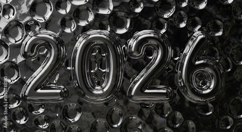 Chrome 2026 numbers float above a dark textured liquid metal background creating a futuristic design