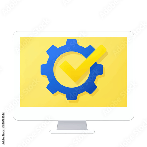 Computer monitor displaying gear with checkmark