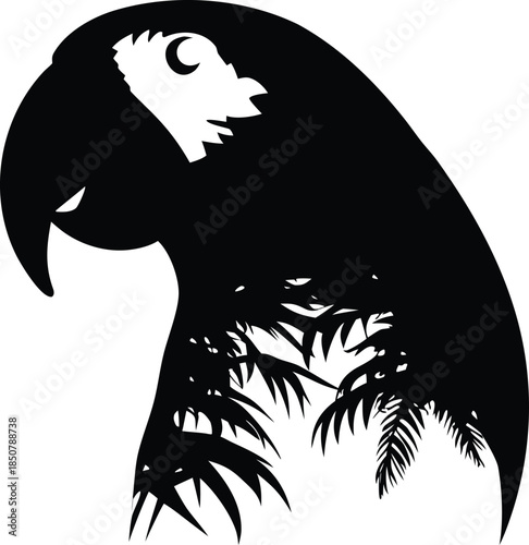 Mysterious Parrot Head Silhouette Displaying Tropical Leaves and a Crescent Moon Face
