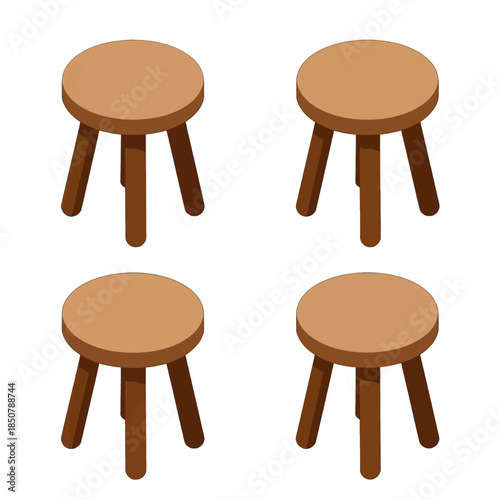 Four identical wooden stools with round seats