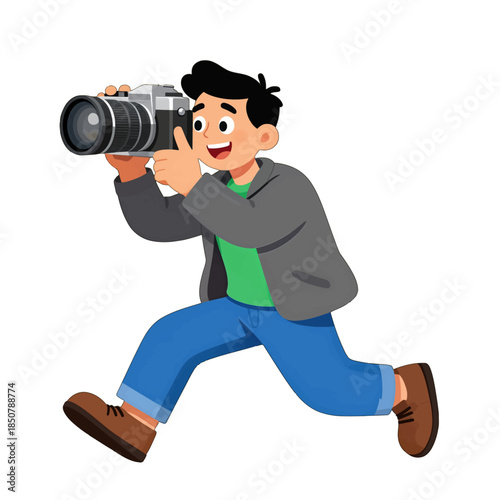 Excited cartoon photographer running with camera