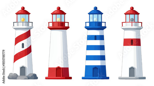 Four colorful lighthouses with lit lanterns