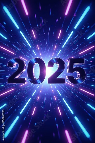 Glowing neon light tunnel propels the metallic 2025 year forward into a vibrant digital future celebration