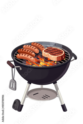 Grilled sausages and steak cooking on a barbecue grill.