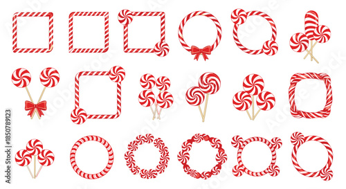 Festive set of various frames and arrangements made from red and white striped candy canes and lollipops on a white background.