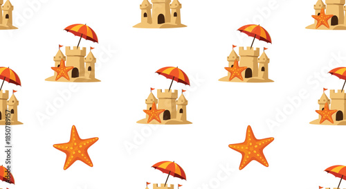Summery seamless pattern featuring detailed sandcastles with red umbrellas and orange starfishes on a clean white background.