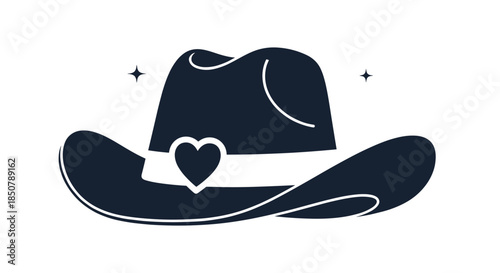 Solid dark silhouette of a cowboy hat featuring a white heart detail and small twinkling stars for a western night theme.