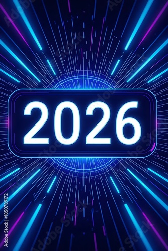 Glowing neon sign displaying the year 2026 against a futuristic blue and purple digital light burst background