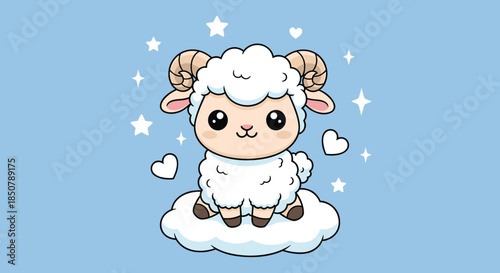 Adorable cartoon ram character sitting on a fluffy white cloud surrounded by twinkling stars and white hearts on a blue background.
