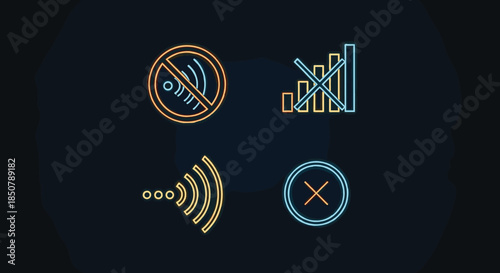 Set of neon-style icons representing various internet and network connection issues like no signal, no wifi, and loading symbols.