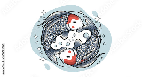 Artistic illustration of two koi fish swimming in a circle representing the Pisces zodiac sign with stars and bubbles accents.