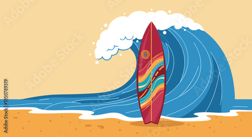 Colorful surfboard standing on a sandy beach with a massive ocean wave curling in the background under a clear yellow sky.