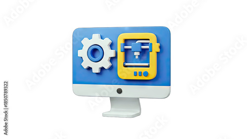 3D Printer and Gear Icon on Computer Screen