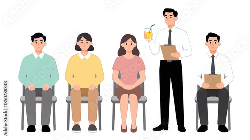 Illustration of people sitting and standing with clipboards and drinks