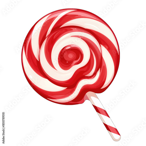 Red and white swirled lollipop with striped stick.
