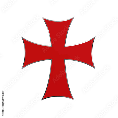 Red cross with metallic silver border.