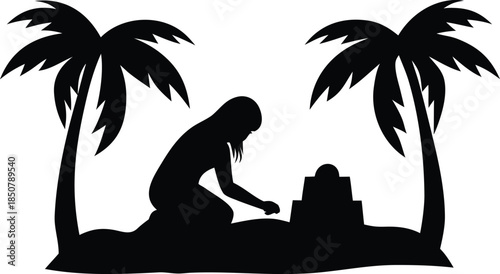 Person kneeling on a sunny beach building a sandcastle between two tropical palm trees