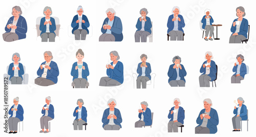 A large collection of senior women illustrations enjoying a hot beverage, depicting moments of relaxation, comfort, and peaceful elderly life.